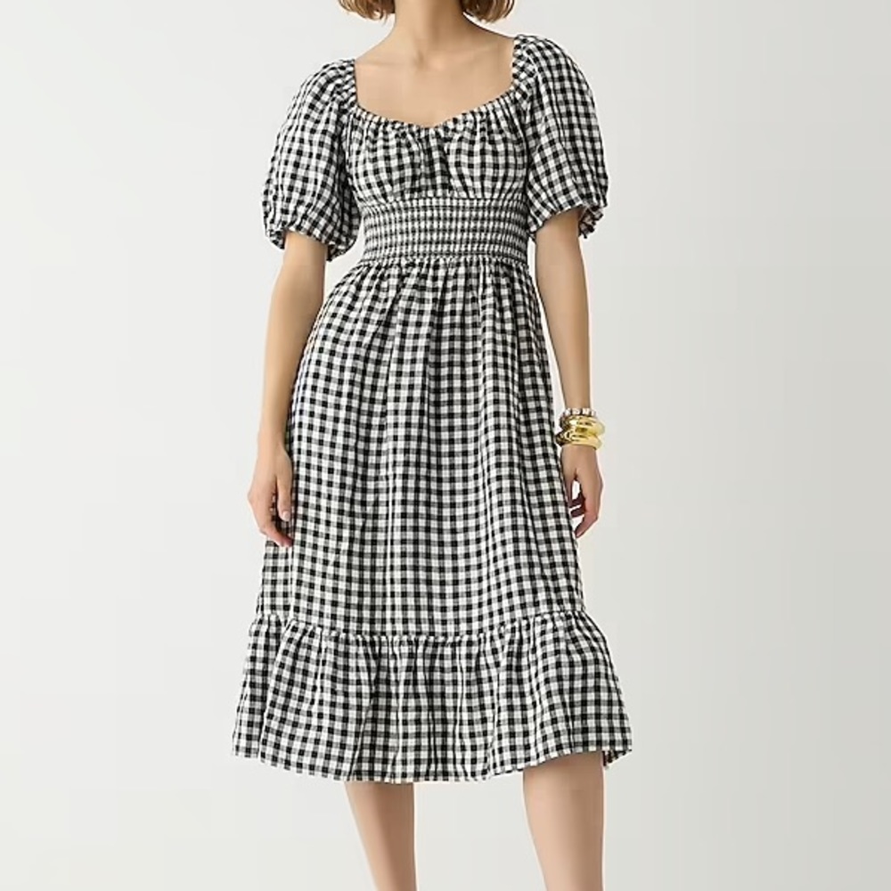Linen Smocked-waist Puff-sleeve Midi Dress in Gingham 🦓